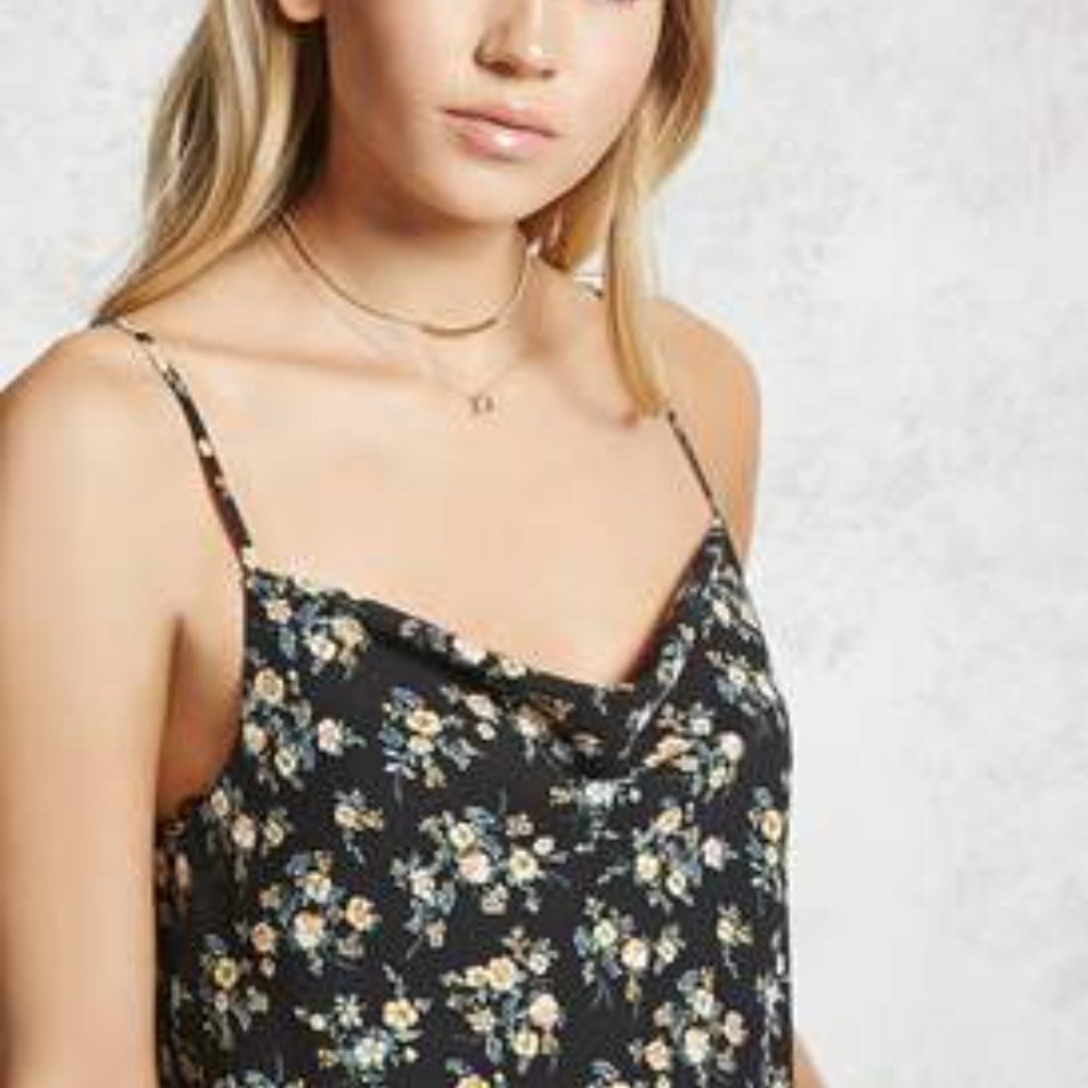 Black floral drape front romantic tank top Size Small